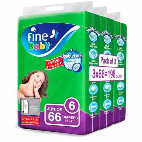 Fine Baby Diapers DoubleLock Technology Size 6 Junior 16+ kg Mega Pack Value Bundle 66 Diapers x3 Packs Total 198 Diapers
