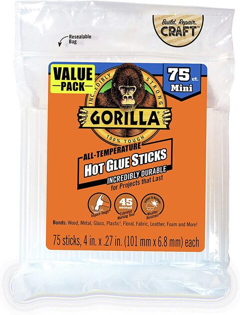 Gorilla Hot Glue Sticks, Mini, 4&quot; Long x .27&quot; Diameter, 75 Count, Clear, (Pack of 1)