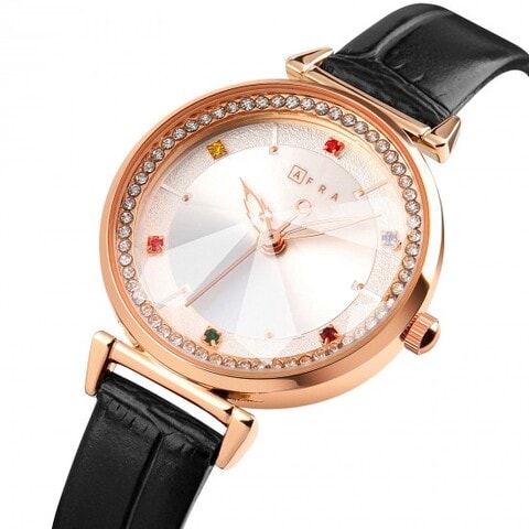 AFRA GEMMA LADIES WATCH ROSE GOLD CASE WHITE DIAL BLACK LEATHER