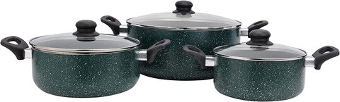 Royalford 6 Piece Blue Granite Cookware Set RF10243Granite Coated Aluminum Cookware Induction Base Glass Lid, Multicolor