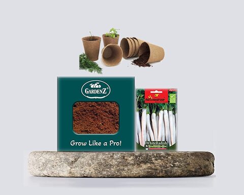 Gardenz Bundle-Pack Gardenz Soil Cocopeat For Indoor/Outdoor Plants 1.5 Kgs., White Radish Seeds Ag0367 Agrimax, Jiffy-Pots Seed Starting 8Pcs