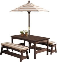 Kidkraft Outdoor Wooden Table &amp; Bench Set With Cushions And Umbrella, Kids Backyard Furniture, Espresso With Oatmeal And White Stripe Fabric, Gift For Ages 3-8