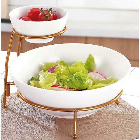 Bone China Shallow 8/12 2 Tier Rectangle Serving Set with Gold