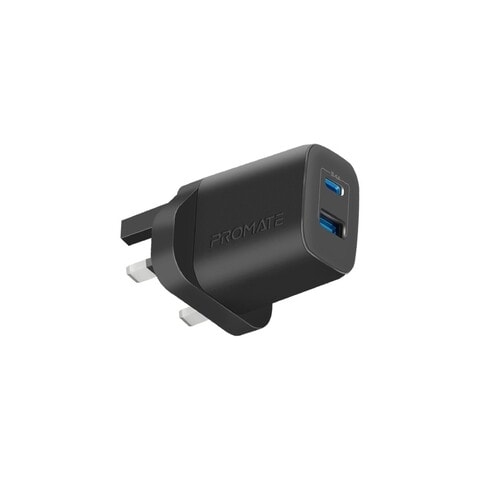 Promate USB-C Adapter, Universal 17W Multi-Port Wall Charger with 5V/3A Type-C Port, 5V/2.4A USB-A Port, Adaptive Charging and Over-Charging Protection for iPhone 13, iPad Air, BiPlug-2 UK Black