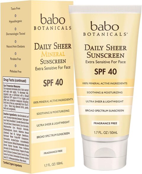 Buy Babo Botanicals Daily Sheer Mineral Face Sunscreen Lotion SPF 40,  Non-Greasy, Fragrance-Free, Vegan, For Babies, Kids Or Sensitive Skin,   OZ. Online - Shop Beauty & Personal Care on Carrefour UAE