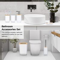 Generic Bamboo Bathroom Accessories, Modern Design, Set Of 6: Soap Dispenser, Toothbrush Holder, Tooth Mug, Soap Dish, Toilet Brush, Rubbish, White
