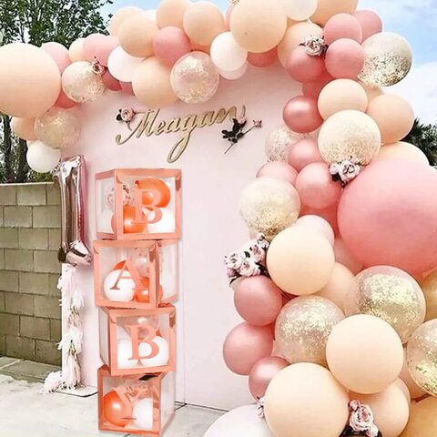 Baby Shower Boxes Party Decorations &ndash; 4Pcs Transparent Balloons Decor Baby Box Baby Blocks Decorations for Boy Girl Baby Shower 1st Birthday Party Gender Reveal Backdrop (Rose Gold)