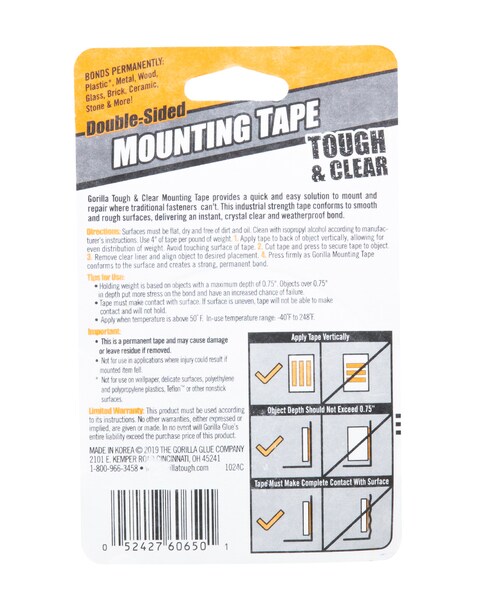 Buy Gorilla Double Side Mounting Tape Tough & Clear 1Inch X 60Inch ...