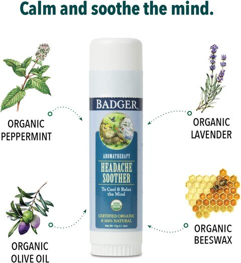 Badger Company, Organic, Headache Soother, Peppermint &amp; Lavender.60 OZ (17 G)