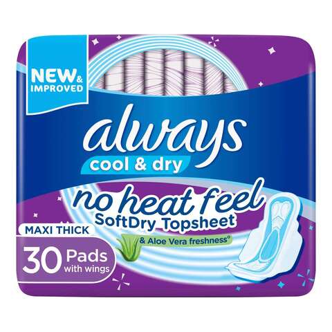 Always Cool &amp; Dry No Heat Feel Maxi Thick Large Sanitary Pads with Wings 30 pad count