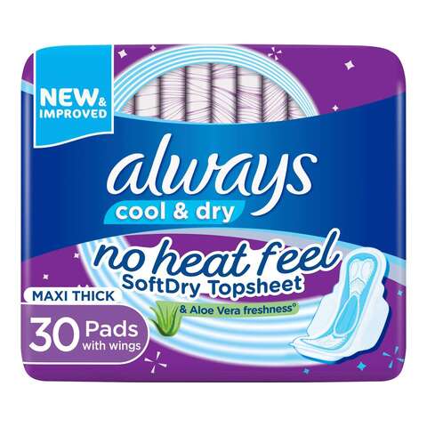 Always Cool &amp; Dry No Heat Feel Maxi Thick Large Sanitary Pads with Wings 30 Pads