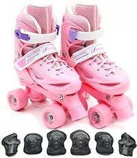 EASY FUTURE Roller Skates Adjustable Size Double Row 4 Wheel Skates Children Skates for Boys And Girls Including Protective Gear Knee Elbow Wrist Pink Medium (35-38)