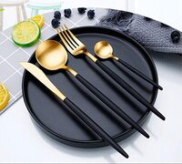 24 Piece Stainless-Steel Cutlery Set, Flatware Set, Tableware,  Silverware Set with Matt Black Spoon, Knife and Fork, Service for 6, Dishwasher Safe/Easy Clean