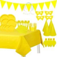Party Time 110pcs Yellow Party Supplies Disposable Paper Dinnerware Set Serves 12 guest Paper Plates Napkins Cups Spoon &amp; Fork Hats Banner Table Cover Party Sets for Wedding Birthday Baby Shower