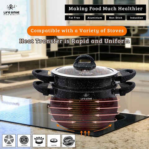 Life Smile Steamer Pot 8 Liter - Steaming Cookware Couscoussier With Tempered Glass Lid- 2 Tier Steaming Pot Granite Coating Stock Pot- Induction Bottom - Dishwasher Safe (24 Cm (8 Liters)) 