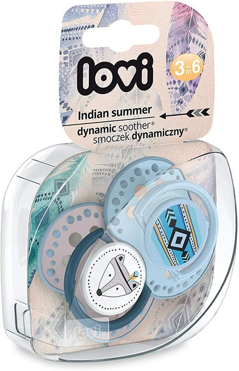 Lovi 2X Baby Silicone Soother | Pack Of 2 | Hygenic Cover | Protects The Sucking Reflex | Dynamic Tip | Boiling Water Sterilization | Indian Summer Collection | (Blue, 6-18 Months)