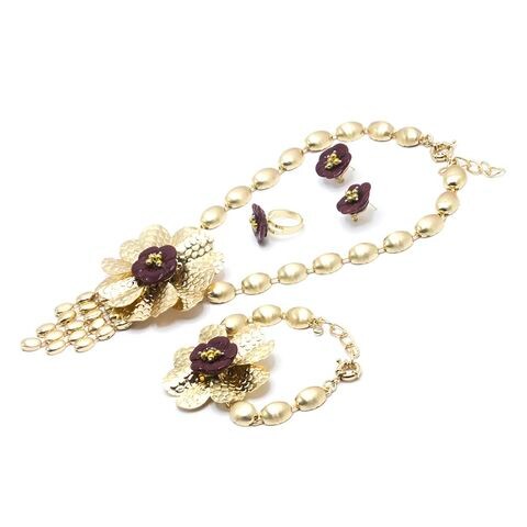 Tanos - Fashion Gold Plated Set (Necklace/Earring/Ring/Bracelet) Flower Design Dark Brown Flower Petals