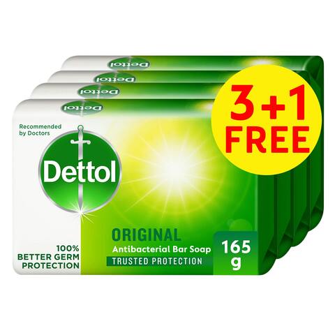 Dettol Original Anti-Bacterial Bathing Soap Bar for effective Germ Protection &amp; Personal Hygiene, Protects against 100 illness causing germs, Pine Fragrance, 165g X3 +1
