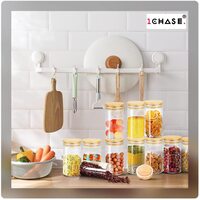 1CHASE&reg; Borosilicate Glass Spice Jar With Airtight Natural Bamboo Lids and ChalkBoard Labels,Stackable Canister Storage Jar for Kitchen Tea Coffee Herbs and other Dry Fruits, 10 Pcs set 290 ML,(10 Oz)