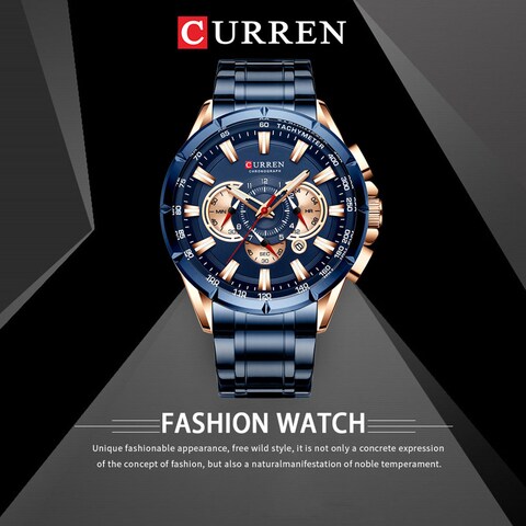 CURREN-CURREN 8363 Watch for Male Men Quartz Man Wristwatch Watches with Stainless Steel Strap Band Three Sub-Dials Second Minute Microsecond Chronograph Date Calendar Indicator Waterproof Luminous Hands