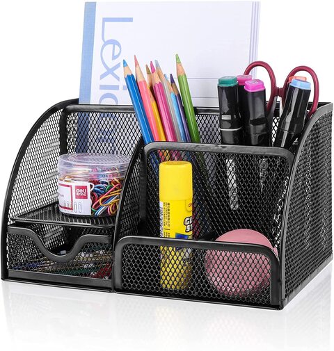 Buy Desk Organizer, MesDesk Organizer, Mesh Multifunctional Desktop Caddy  Pen Holder with 6 Compartments and 1 Drawer, Black Stationary Holder for  Home, Office Supplies, School, Classroom, Workshop Online - Shop Stationery  