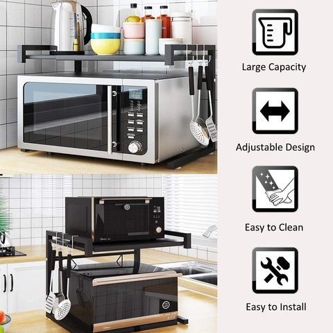 Doreen Microwave Shelf HamerTools Microwave Oven Rack, Carbon Steel, Kitchen Counter Shelf, 2 Tiers with 3 Hooks, 55 lbs Loading Bearing, Anti-Slippery Mat,Expandable 40 to 60 Cm (BLACK)