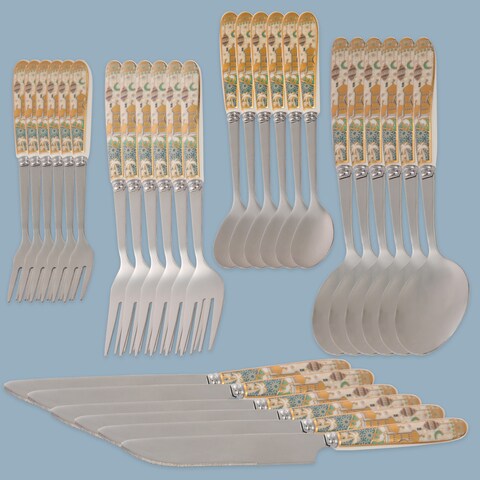 Ramadan Design 25-Piece Silverware Set Ceramic Handle ,Flatware Utensil Cutlery Set for 6 each size , Dishwasher Safe-Green and White color