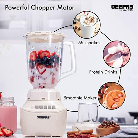 Geepas Gsb5409 250W 2 In 1 Multifunctional Blender | Stainless Steel Blades, 4 Speed Control With Pulse | 1.5L Jar, Over Heat Protection| Ice Crusher, Chopper, Coffee Grinder &amp; Smoothie Maker