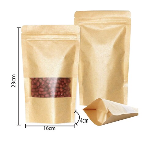 Food Pouches 12pcs Size 23x16x4cm, Kraft Stand Up Food Bags, Zip Lock Reusable Packing Pouches with Transparent Window and Tear Notch Thicken Heat Sealable, or Storing, Cookie and Snack, Paper pouch