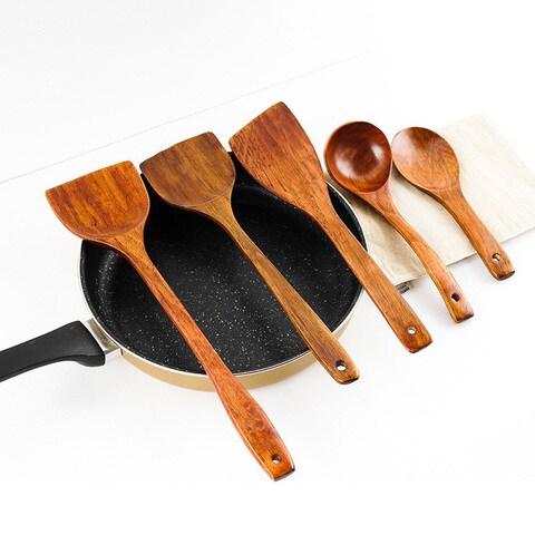 Generic-5Pcs/Set Kitchen Cooking Utensils Wooden Holes Ladle Scoop Spatulas Soup Spoon Chef Nonstick Food Kitchenware Cookware Tools