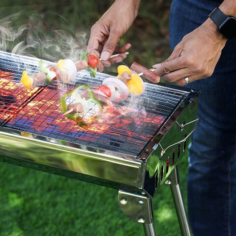 Royalford Barbecue Stand With Grill, Larger Grilling Area, RF10362 - Durable Stainless-Steel Construction, Foldable &amp; Portable Design For Easy Transport &amp; Storage, Used For Camping