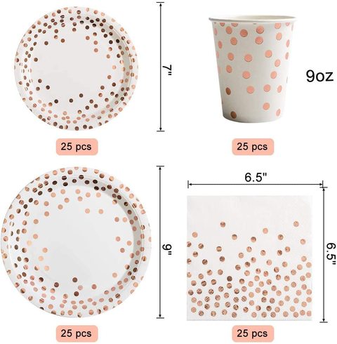Generic - 175 Pieces Serves 25 Rose Gold Party Supplies Dot on White Paper Plates and Napkins Cups Wedding Bridal Shower Birthday (Rose Gold)