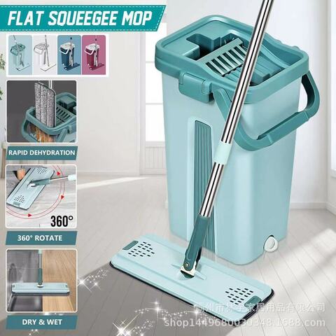 LIHAN Mop and Bucket System for Floor Cleaning - 360 Degree Swivel Head, Self-Cleaning, Squeeze Dry Flat Mop with 2 Mop Pads, Safe on All Surfaces, Telescopic Wand, Compact Storage-light blue