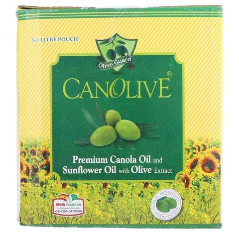 Olive Guard Canolive Premium Canola Oil, Sunflower Oil with Oilve Extract Pouch 1 lt (Pack of 5)