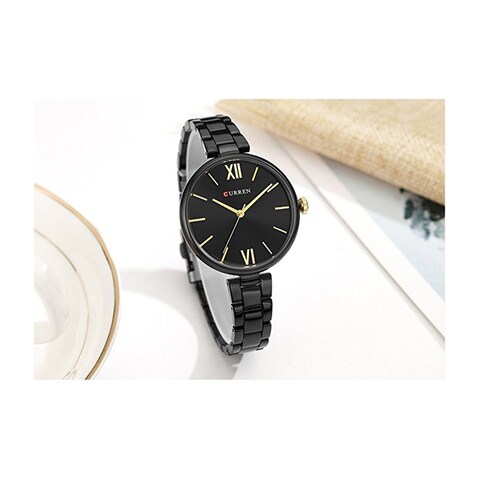Curren - 9017 Quartz Movement Round Dial Stainless Steel Strap Waterproof Women Wristwatch - Black