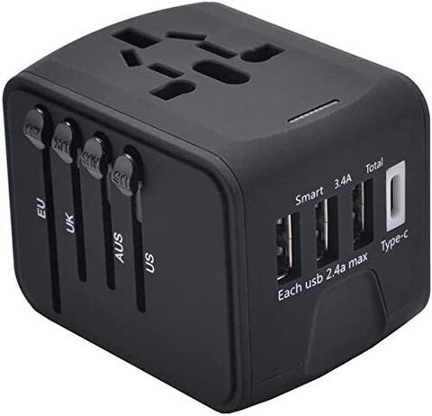 SHOWAY Universal Travel Adapter with 3 USB + 1 Type C Charging Ports (Black)