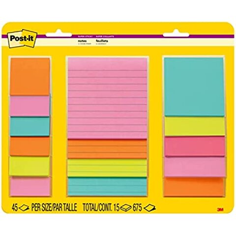 Post-it Super Sticky Notes, Assorted Sizes, 15 Pads, 2x the Sticking Power, Supernova Neons Collection, Neon Colors (Orange, Pink, Blue, Green), Recyclable (4423-15SSMIA)
