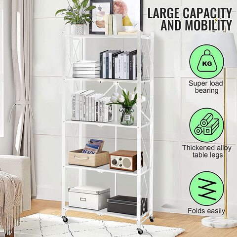 Buy 5 Tier Metal Storage Rack Foldable Shelf Kitchen Organizer Bedroom  Shelves Rolling Cart Online - Shop Home & Garden on Carrefour UAE