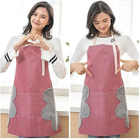 Sky-Touch Bib Apron With Pockets, Adjustable Kitchen Aprons 2 Side Wipe Hands Coral Velvet Towels Stitched Pinstripe Waterproof Cooking Aprons Unisex (Red)