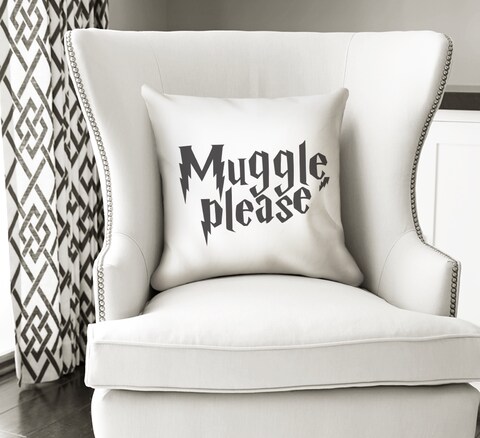Loud Universe - Muggle Please White Throw Pillow with Stuffing Harry Potter Quote Cool Kids Theme Home Office Decorative Pillow 16x16 inch