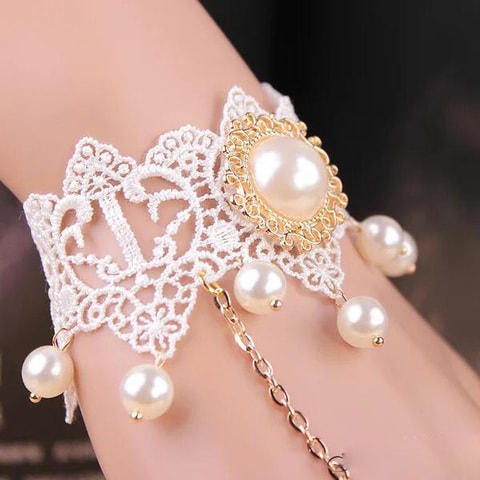 Generic - Women lace Crystal Finger Ring Bracelet Hand Harness Bangle Arm Chain Wedding Bridal Jewelry white color