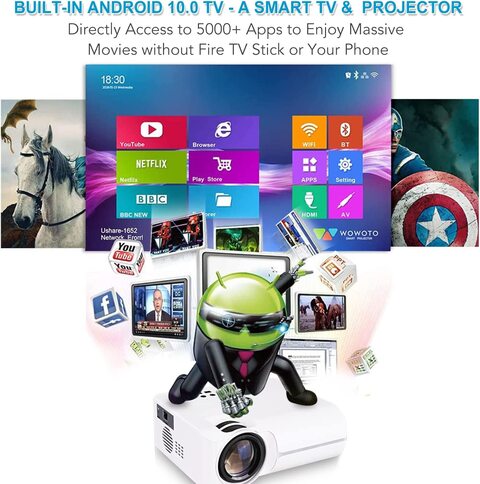 Smart Projector Android TV 10.0 Built in- 5G WiFi Mini Projector with Bluetooth, 8500 Lumens 4K and 250&rdquo; Display Supported Portable Video Projector for Home Cinema &amp; Outdoor Movie Theater