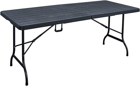 LANNY Portable Plastic Folding Table SZK180 Black Wood Design 180 * 75cm for 6-8 person Party/Picnic/Garden/Dining/Kitchen/Buffee/Restaurant