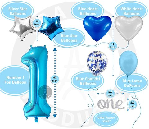 Samdone 1st Birthday Decoration For Baby Boy First Birthday Decoration Balloon, Party Supplies Kit, Banner, Confetti Balloons, Number One Cake Topper Blue, Foil Curtain, Photo Booth Smash Cake Props L