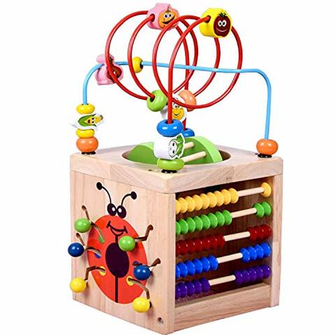 Amagoing 6-in-1 Activity Cube Multifunction Bead Maze Roller Coaster Classic Wooden Educational Toys for Kids