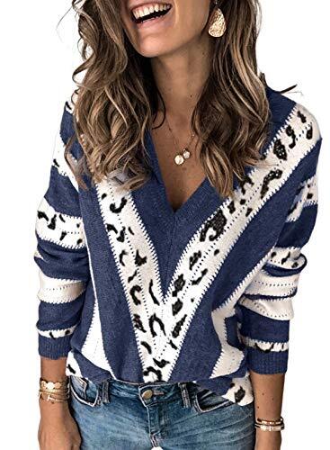 Happy Sailed Womens Colorblock Striped Knitted Sweater V Neck Long Sleeve Leopard Pullover Jumper Tops Small Blue
