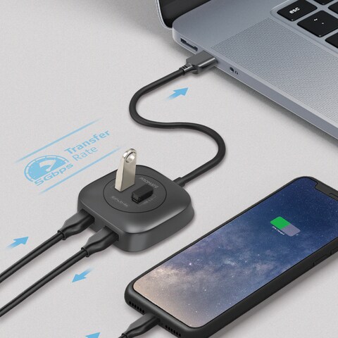 Promate USB Hub, Premium 4 Port USB 3.0 Splitter with Ultra-Fast 5Gbps Sync Charge Hub, Built-In USB 3.0 Cable and Over-Current Protection for Mac OS, Notebook, Windows, USB Flash Drive, EzHub-4s