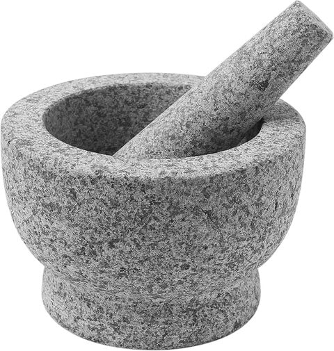 LIYING Granite Mortar and Pestle Set &ndash; Molcajete Mexicano Pestle and Mortar Set - Large Guacamole Bowl - Spice Grinder Hand - Unpolished 5.9 Inch Holds2Cups - Ergonomic Sleek Design - Gray