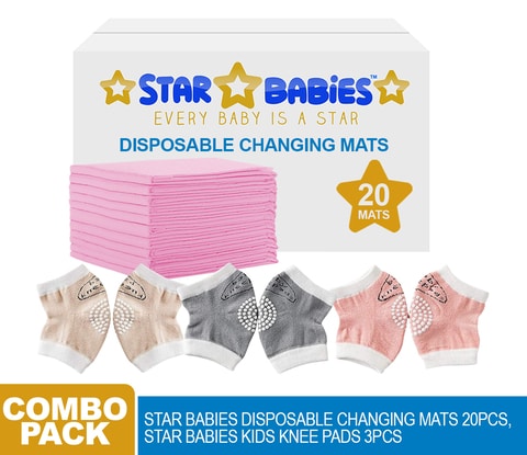 Star Babies Combo Pack (20pcs Dispsosable Changing Mats + 3pcs Baby Kneepads)