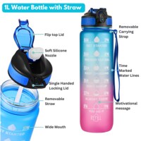 HEXAR&reg; 1L Leakproof Motivational Sports Water Bottle with Straw &amp; Time Marker, Flip Top Durable BPA Free Tritan Non-Toxic Frosted Bottle Perfect for Office, School, Gym (Single Pack, Pink &amp; Blue)